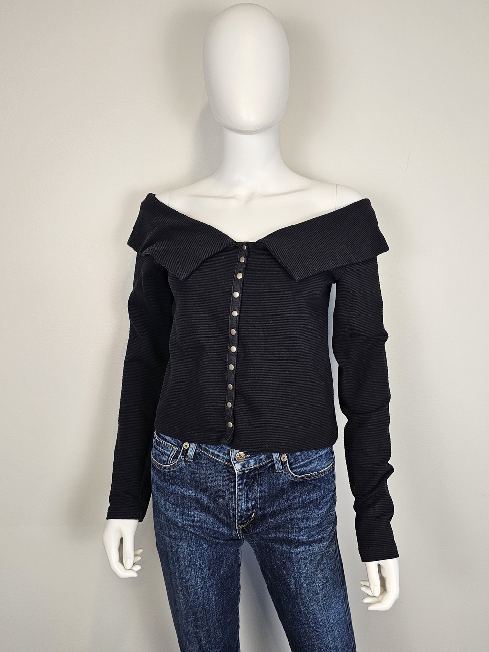 Maeve Black Ribbed Long Sleeve Off Shoulder Button Top Sz M